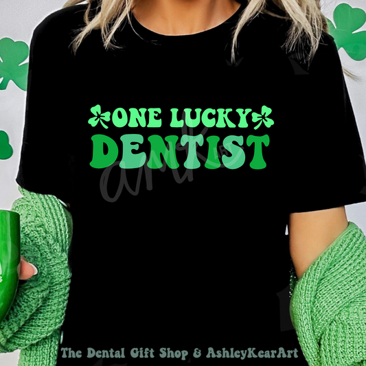 One Lucky Dentist Black Tee, Design by AMK ART